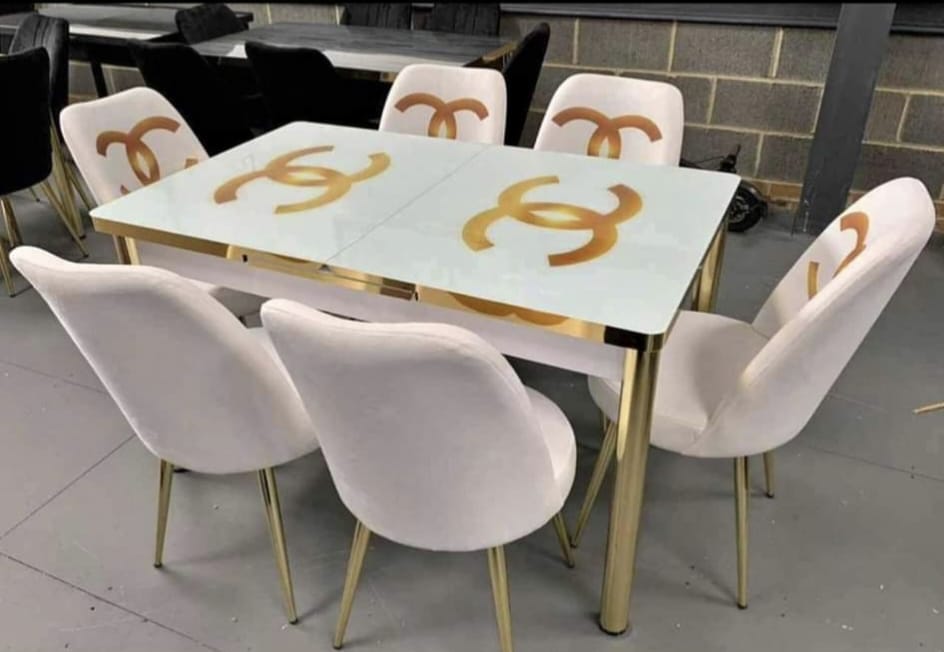 PACK OF 6 WHITE WITH GOLDEN SHADE CHAIRS WITH DINING TABLE